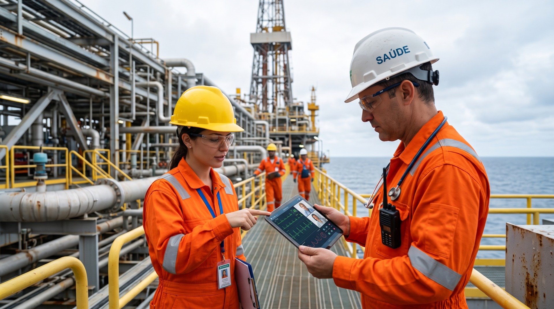dois profissionais em plataforma de petróleo utilizando EPIs