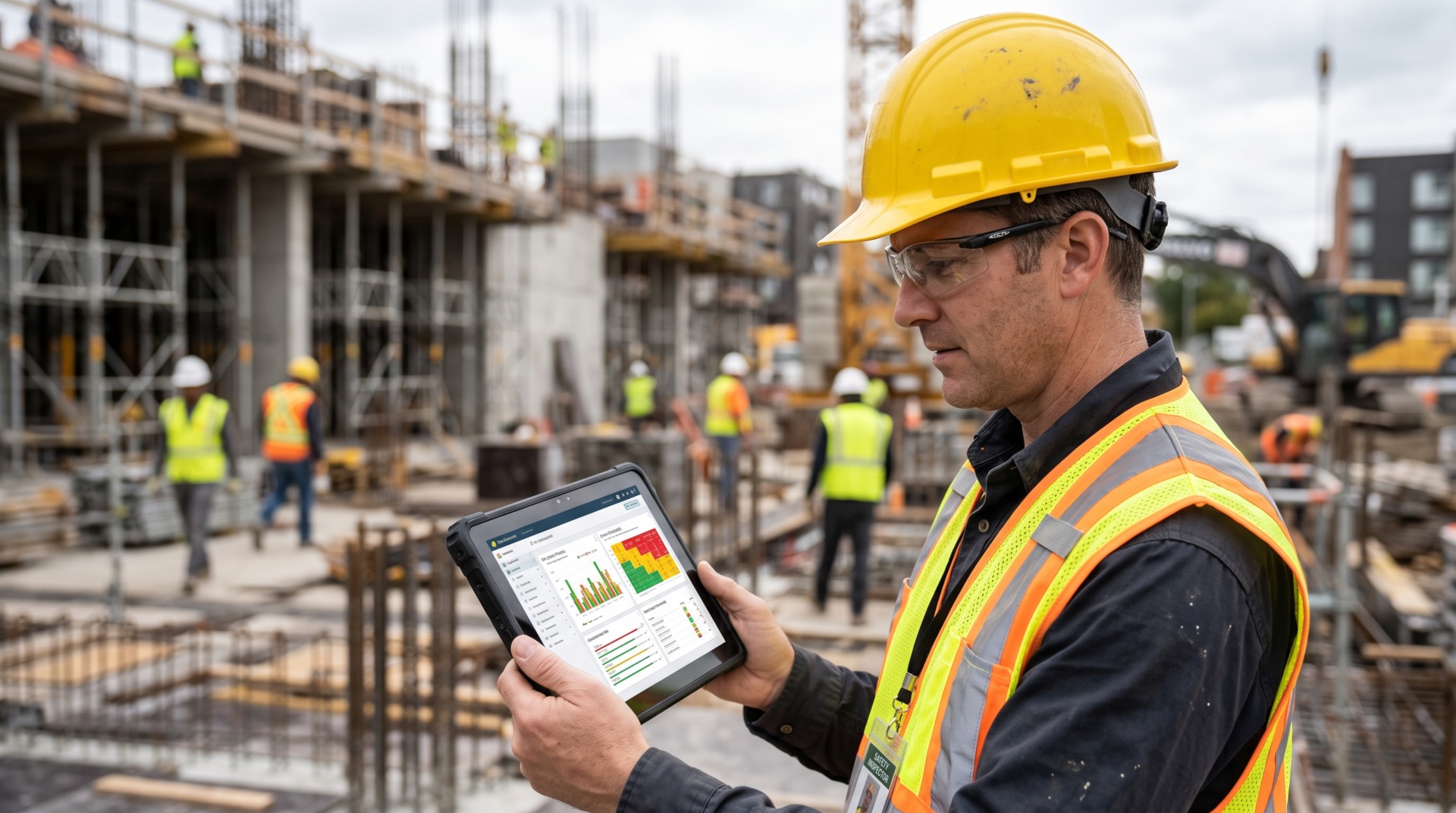 funcionário da construção civil utilizando tablet com dados da obra