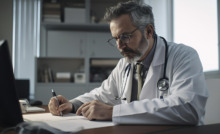 médico perito preenchendo formulários