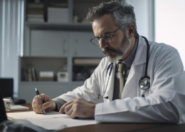 médico perito preenchendo formulários