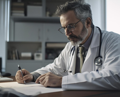 médico perito preenchendo formulários