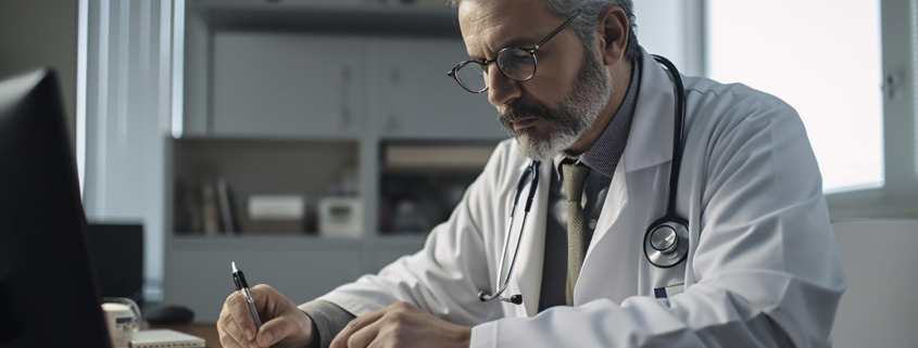 médico perito preenchendo formulários