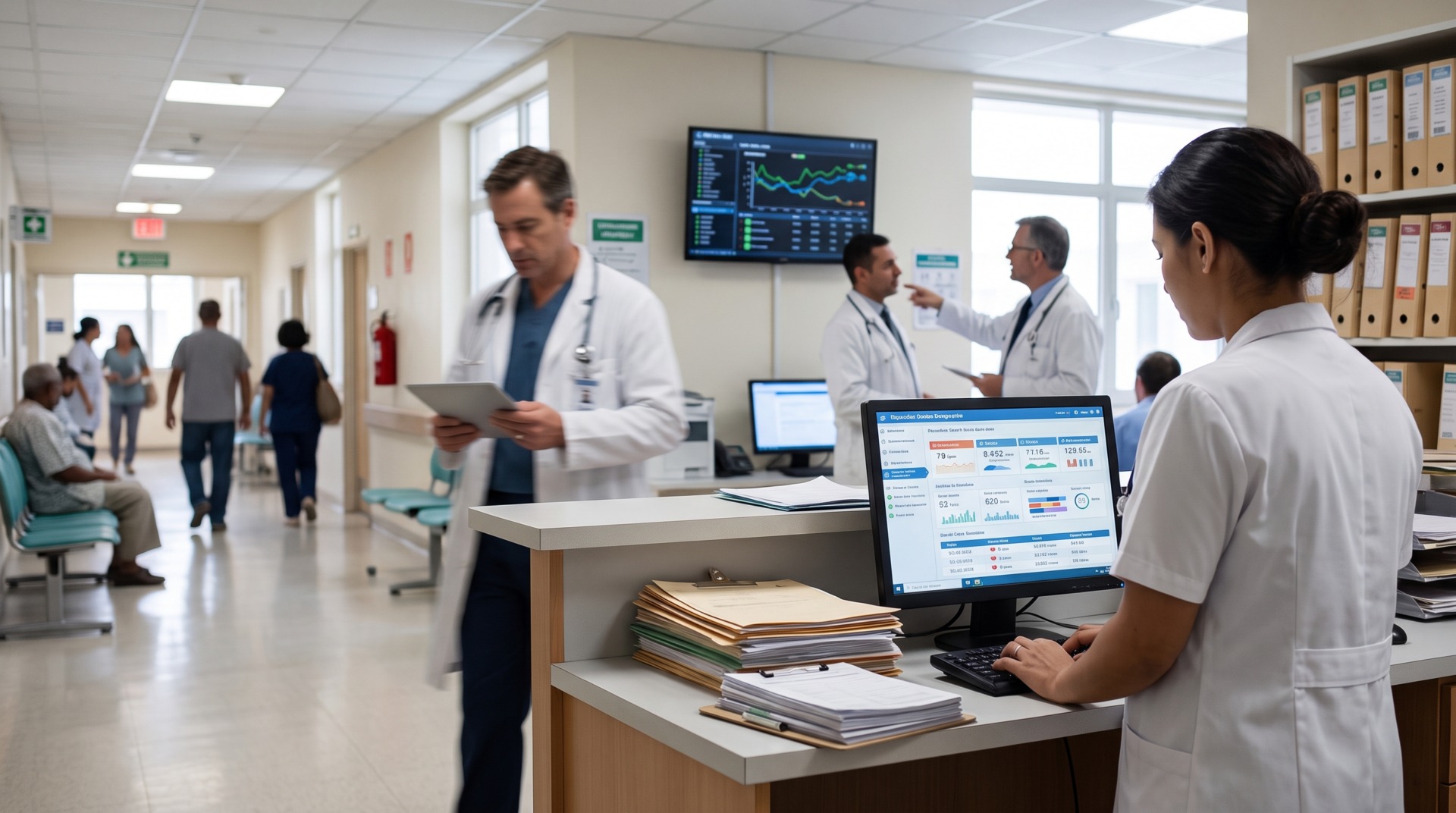 médico pegando prontuário de paciente na recepção de clínica
